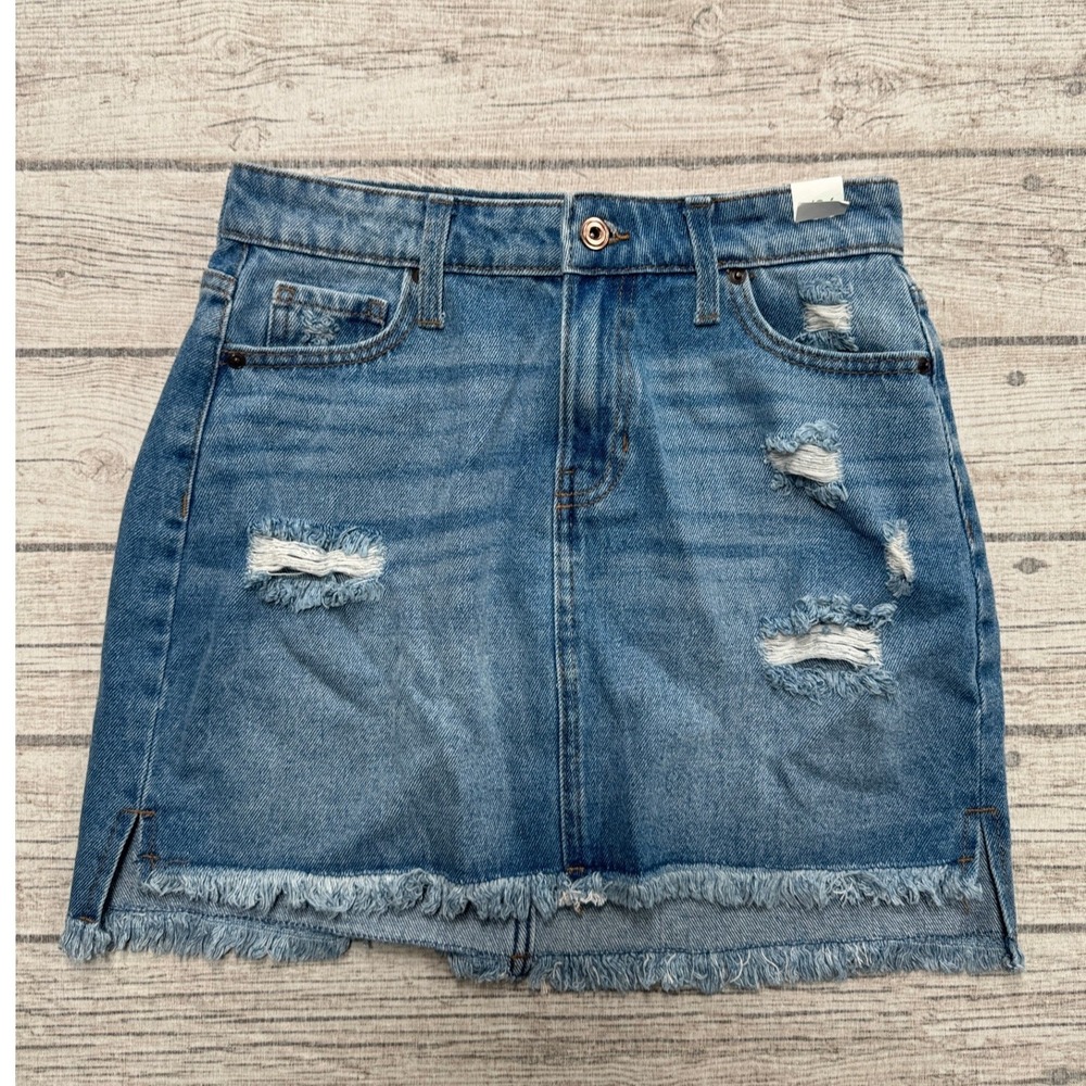 Celebrity Pink Mini Skirt Women's 3/26 Blue Medium Wash Distressed Fringe Denim
